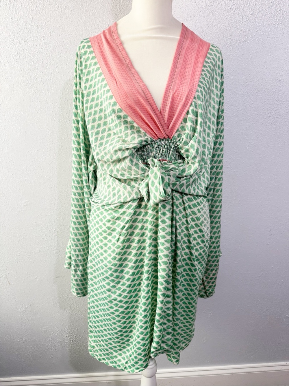Sissel Edelbo Mint Green Patterned Draped Sleep Dress w Pink V-Neck Trim one sz